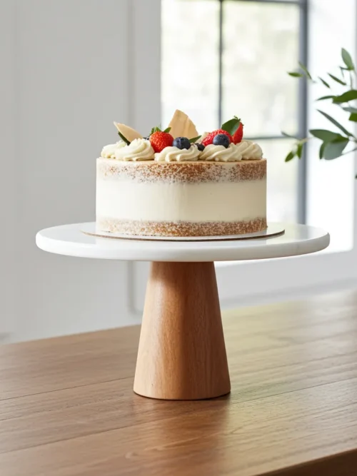 Marble cake stand with wood base in 11 inch size