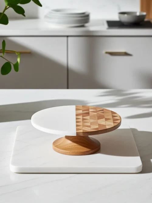 Decorative marble and wood riser with half marble and floral inlaid wood top