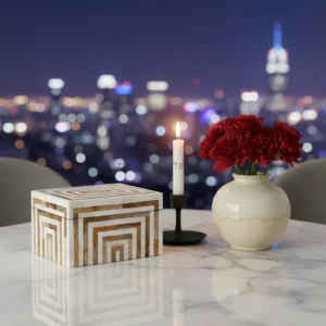 handcrafted maze wood bone inlay box featuring linear architectural design