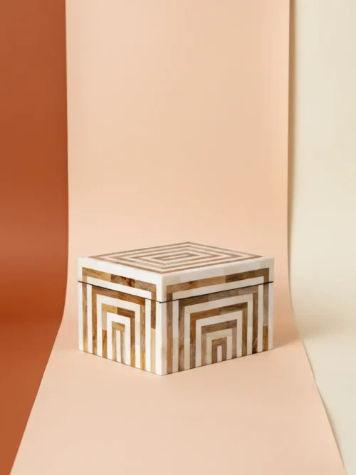 maze wood bone inlay box 8x6x6 with geometric labyrinth inlay pattern