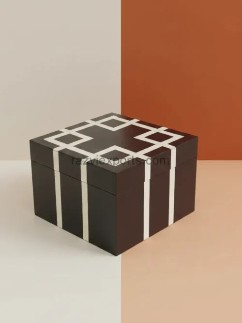 modern art deco bone inlay box 6x6x5 in black and white geometric pattern