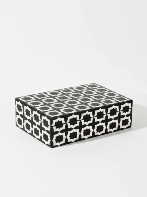 moroccan geometric bone inlay box 9x6x3 in black and white tile pattern