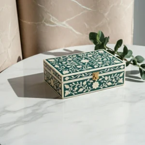 green mughal floral bone inlay jewelry box featuring botanical arabesque design
