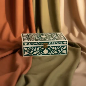 mughal floral bone inlay jewelry box 12x8x4 in green with brass lock