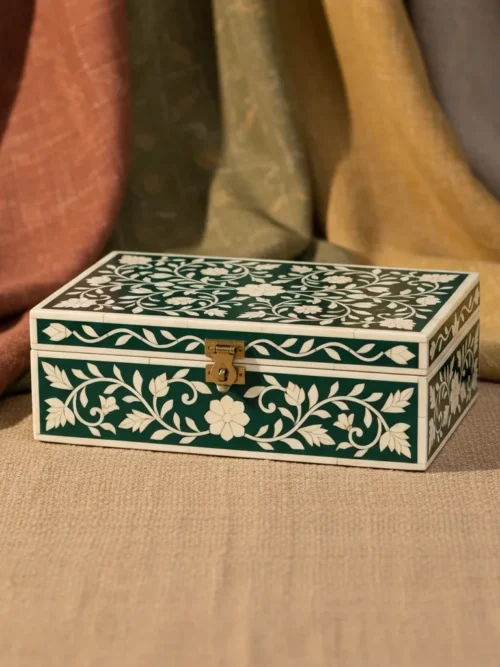 handcrafted mughal floral bone inlay jewelry box with scroll vine pattern