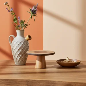 Rustic mango wooden cake display stand with bark detailing