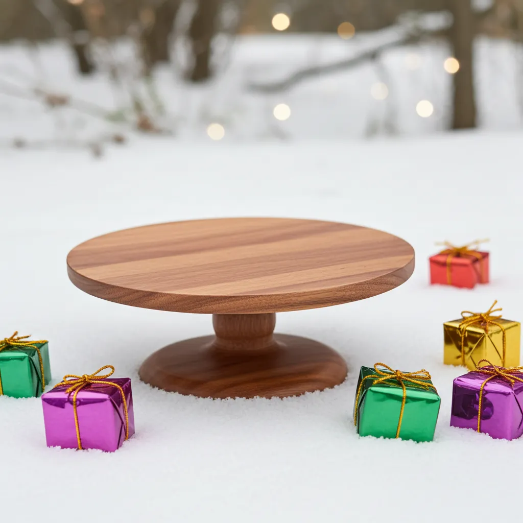 Round mango wood cake display stand for dessert presentation