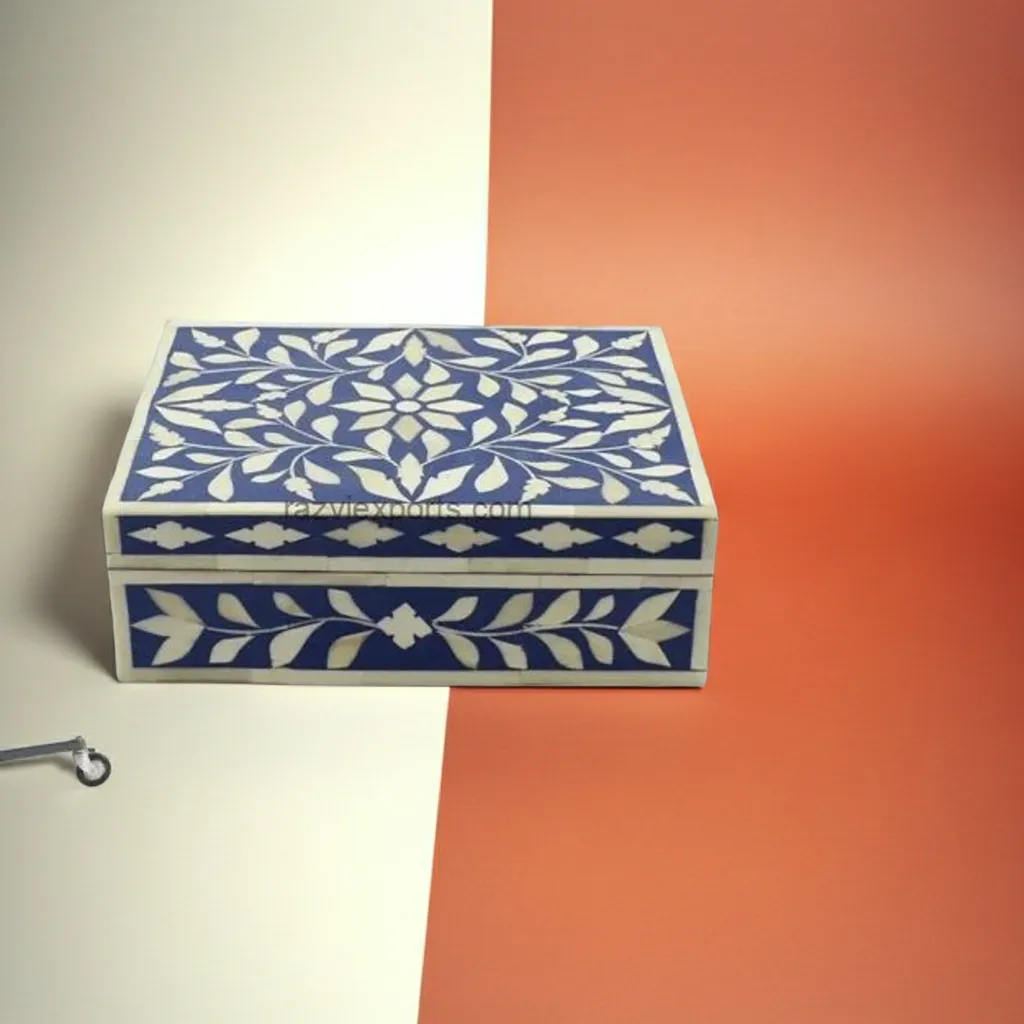 navy blue floral bone inlay box featuring jaipur vine inlay design