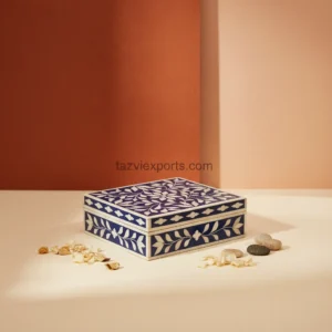 handcrafted navy blue floral bone inlay box with mughal vine pattern
