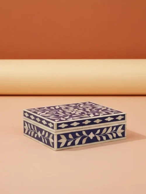 navy blue floral bone inlay box 8x6x3 decorative keepsake box