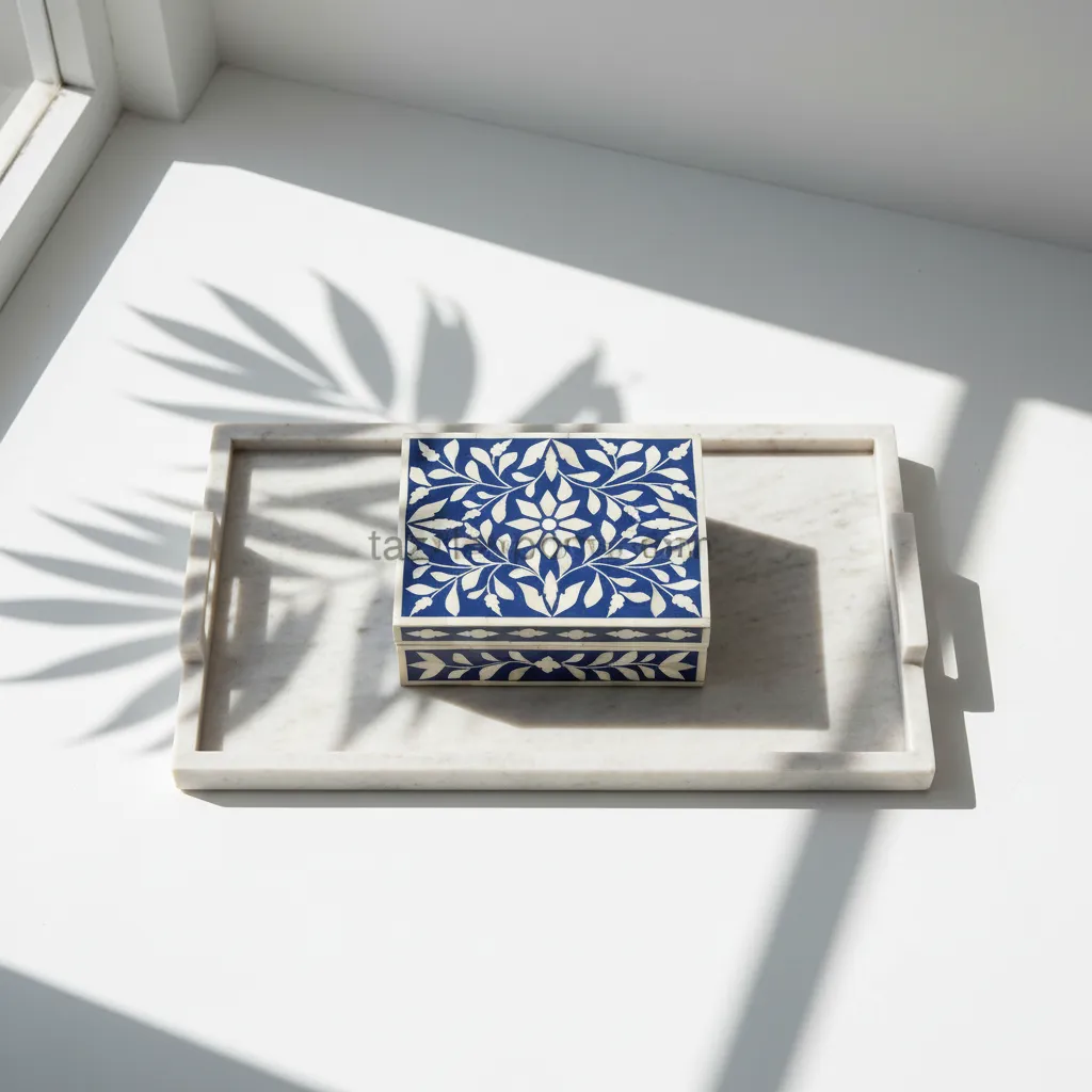 botanical navy blue floral bone inlay box with intricate floral artwork