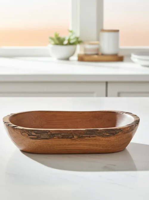 oval wooden nut bowl 6x4 made from acacia wood with rustic bark edges