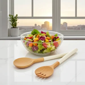 12 inch mango wood serving utensils with white enameled handles