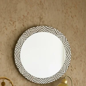 handmade round bone inlay mirror featuring chevron design