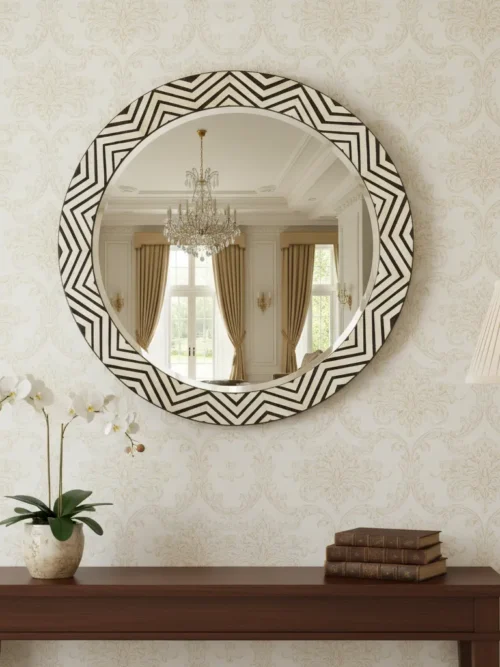 round bone inlay mirror 28x28 with black and white chevron pattern