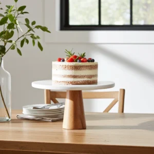 Handcrafted marble and wood cake display stand for desserts