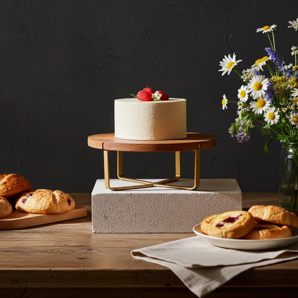 Rustic acacia wood and metal cake stand for wedding dessert display