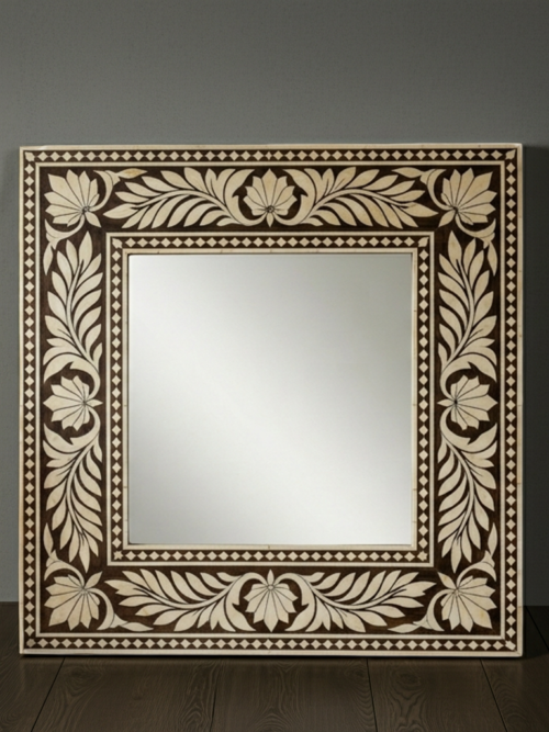 square bone inlay mirror 24x24 brown and white with floral pattern