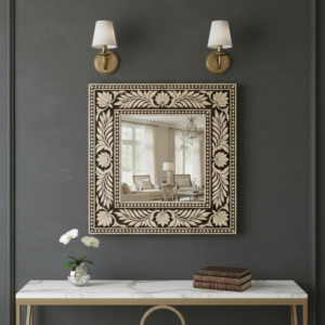 square bone inlay mirror brown white used as wall mirror or art frame