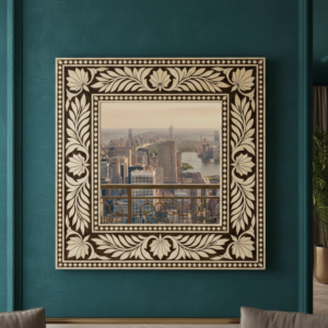 decorative square bone inlay mirror with intricate floral pattern design