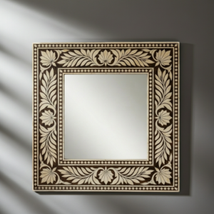 handmade square brown bone inlay mirror featuring floral inlay design