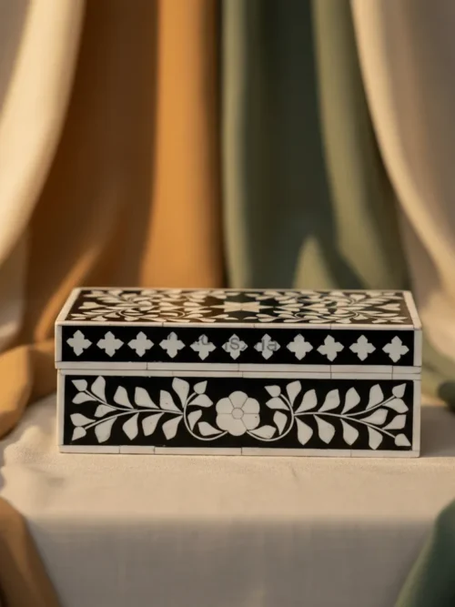 traditional bone inlay box 10x8x3 in black and white floral vine pattern