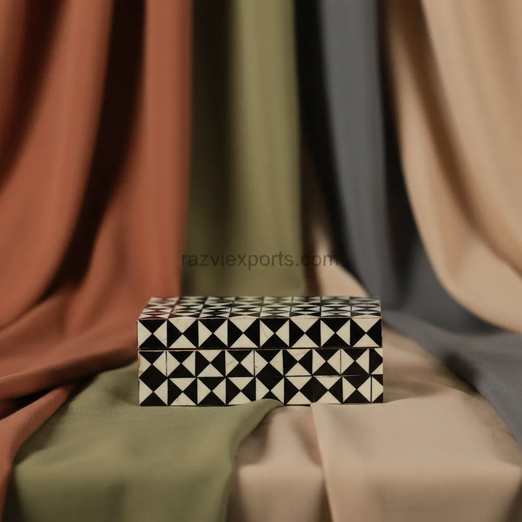 handcrafted triangle mosaic bone inlay box with repeating triangle design