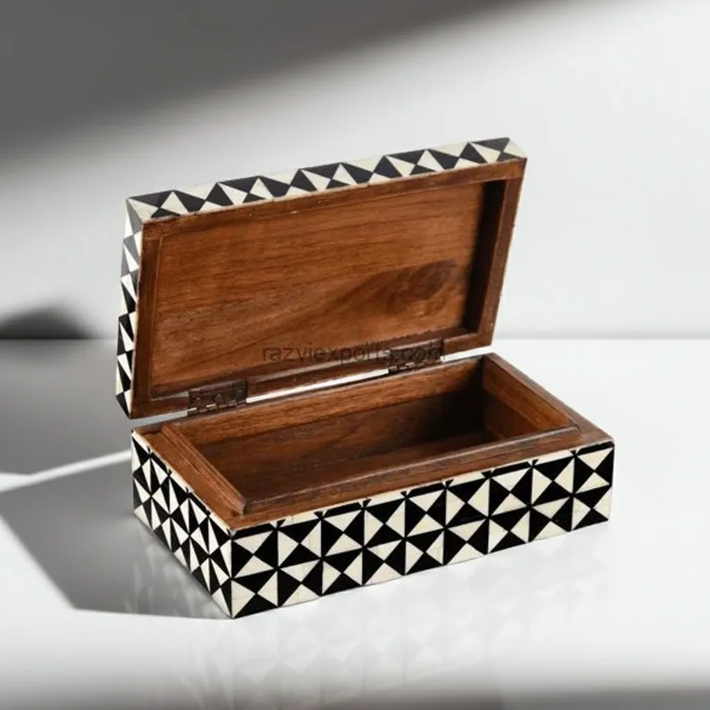triangle mosaic bone inlay box 10x5x3 in black and white geometric pattern