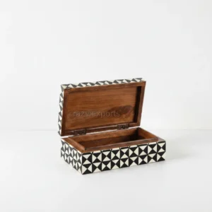 black and white triangle mosaic bone inlay box with tribal geometric style
