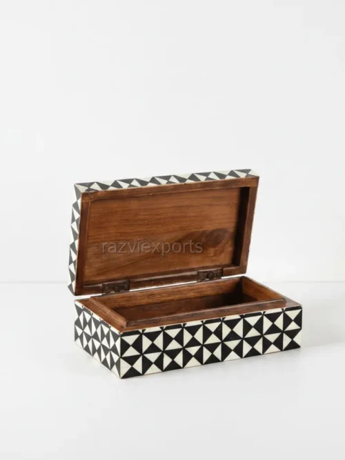black and white triangle mosaic bone inlay box with tribal geometric style