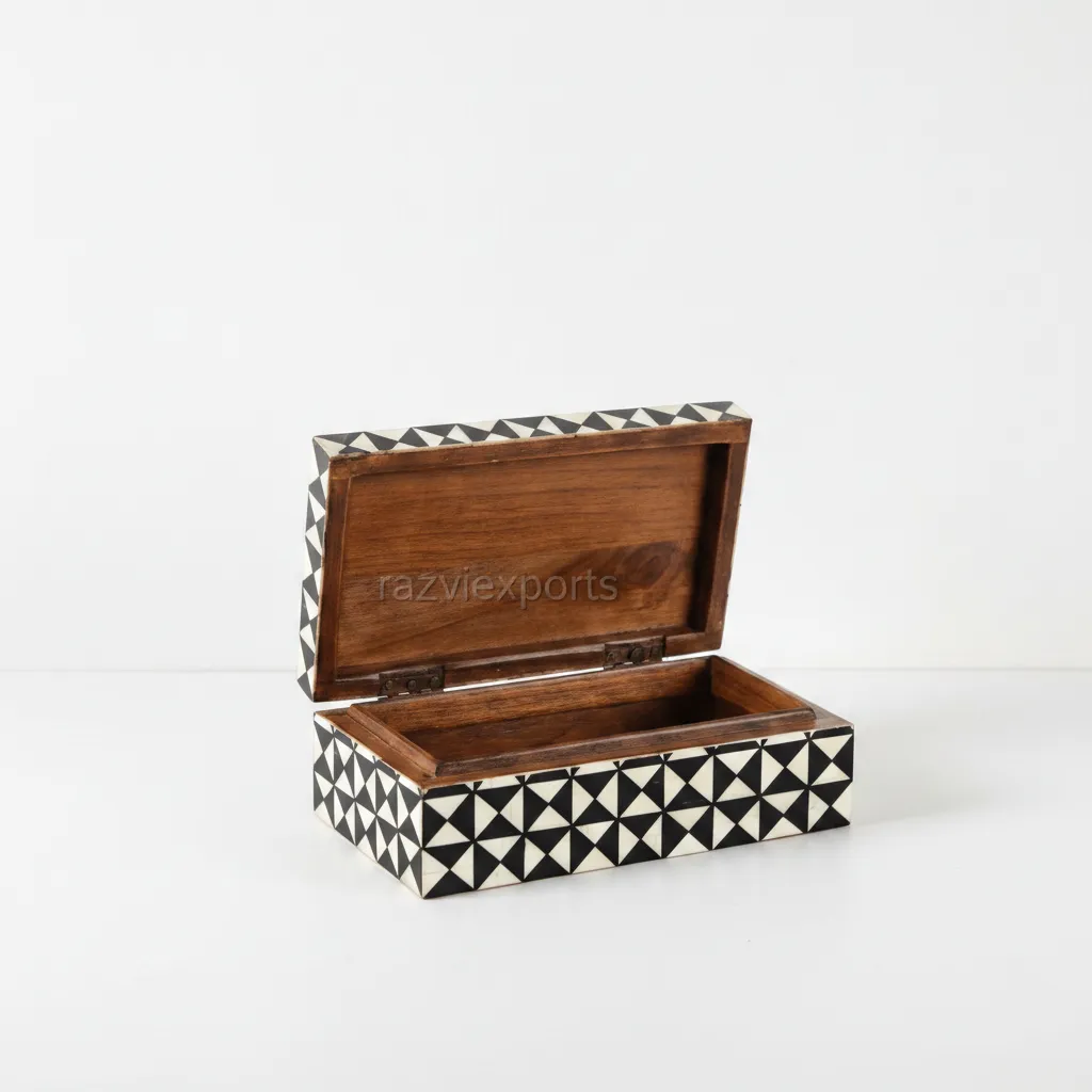 black and white triangle mosaic bone inlay box with tribal geometric style