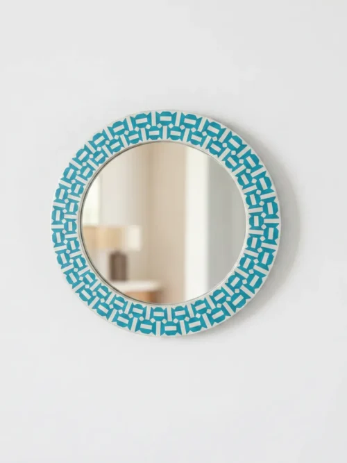 handmade turquoise geometric bone inlay round mirror with decorative inlay frame