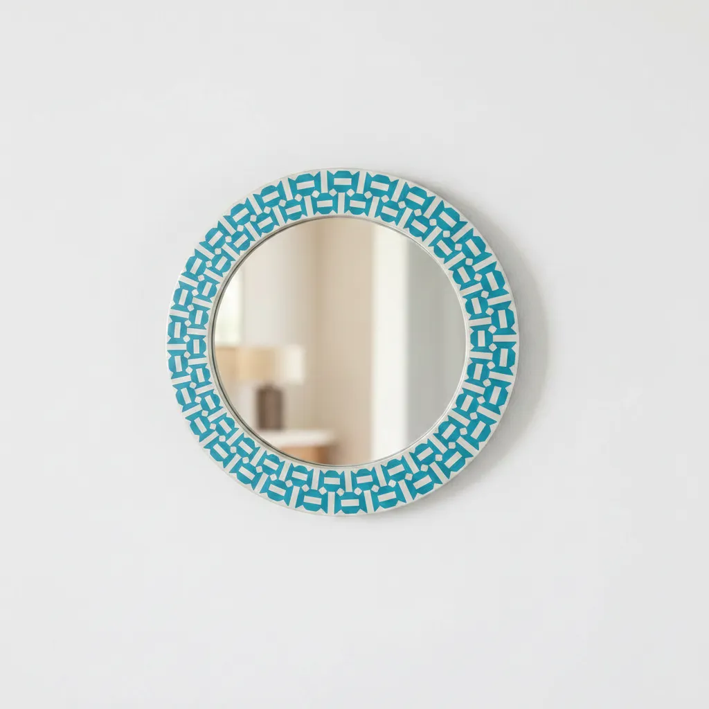 handmade turquoise geometric bone inlay round mirror with decorative inlay frame