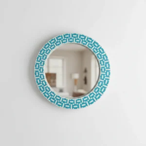 turquoise geometric bone inlay round mirror with intricate mosaic pattern