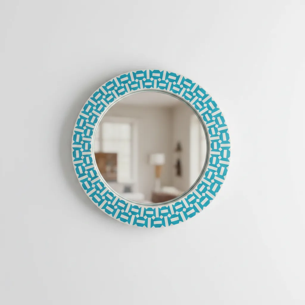 turquoise geometric bone inlay round mirror with intricate mosaic pattern
