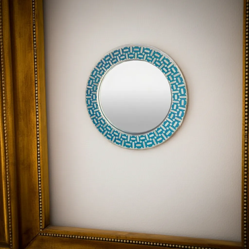turquoise geometric bone inlay round wall mirror 24x24 handmade design
