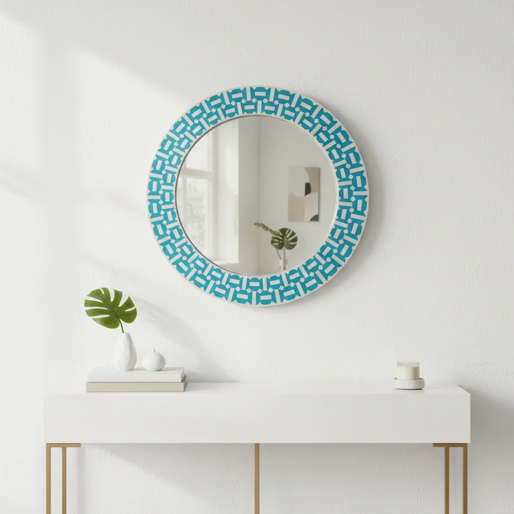 turquoise geometric bone inlay round wall mirror for modern home décor