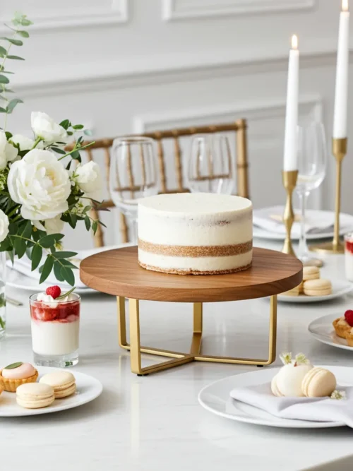 Wedding cake stand with acacia wood top and metal legs 11x11x4 inch size