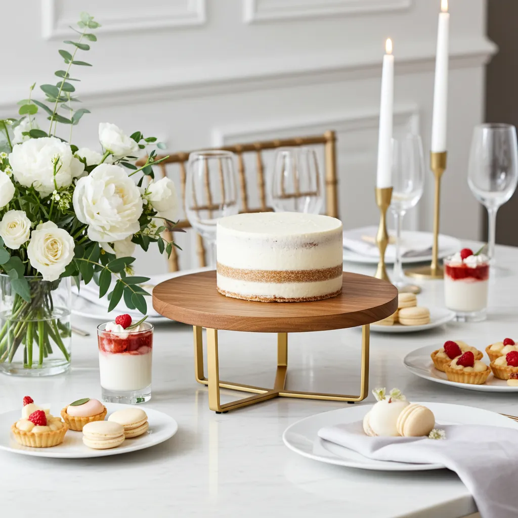 Wedding cake stand with acacia wood top and metal legs 11x11x4 inch size