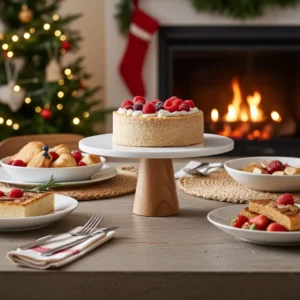 Round 11 inch marble cake stand with natural wood base