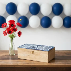 blue and white wooden bone inlay box featuring indigo botanical design