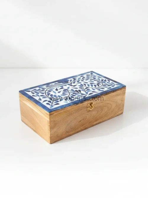 wooden bone inlay box 10x6x4 in blue and white botanical vine pattern
