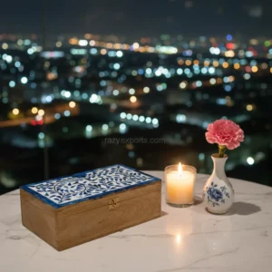 modern wooden bone inlay box with partial inlay top and natural wood body