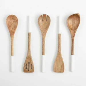 12 inch wooden cooking spoon set with white dipped minimalist handles