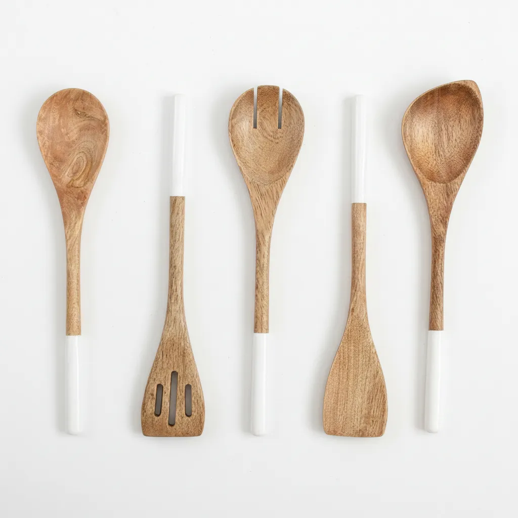 12 inch wooden cooking spoon set with white dipped minimalist handles