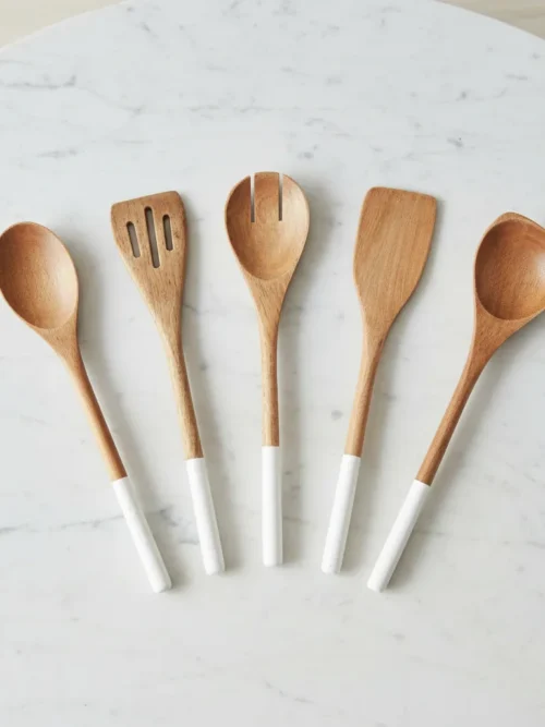 wooden cooking spoon set 5 piece made from mango wood with enameled handles