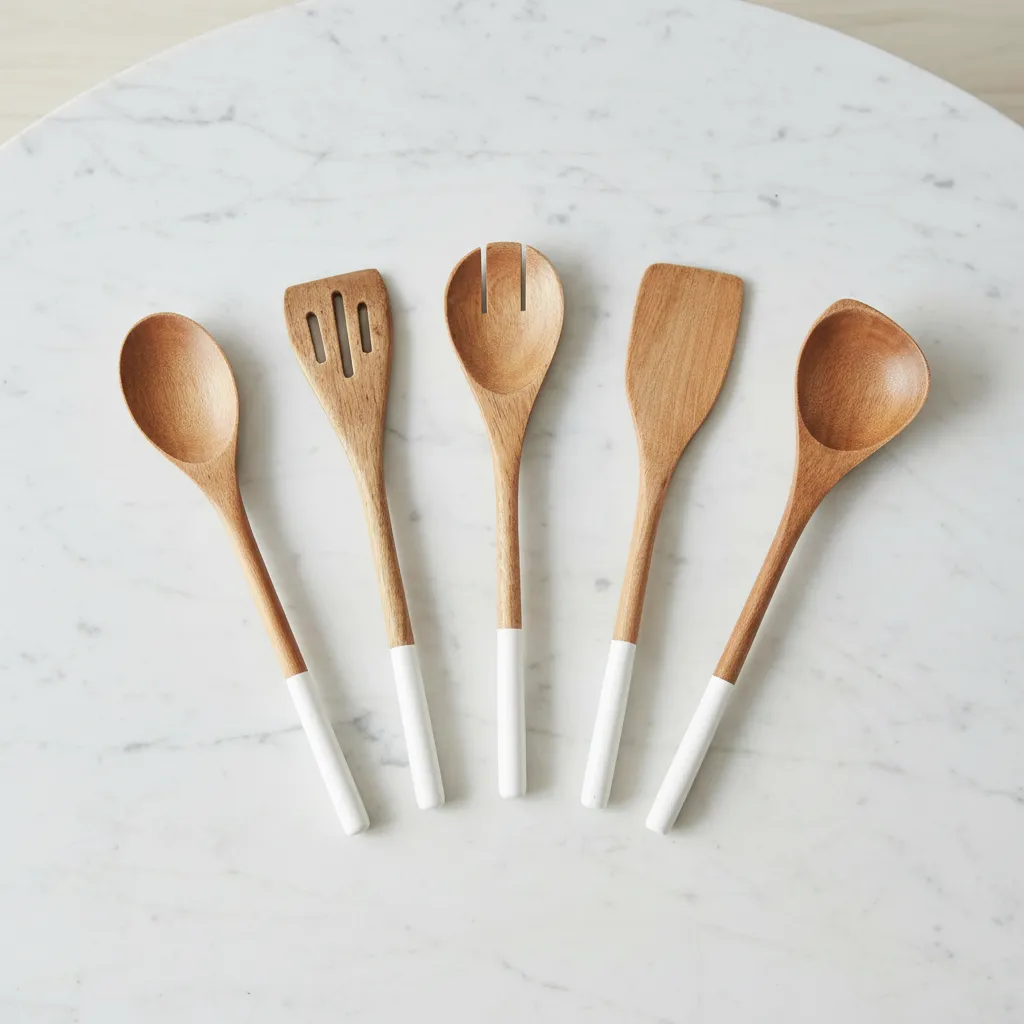 wooden cooking spoon set 5 piece made from mango wood with enameled handles