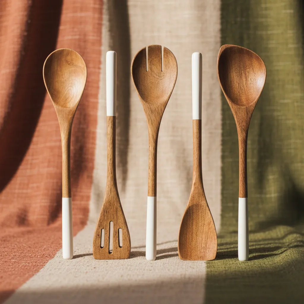 modern japandi wooden cooking spoon set with natural wood grain finish