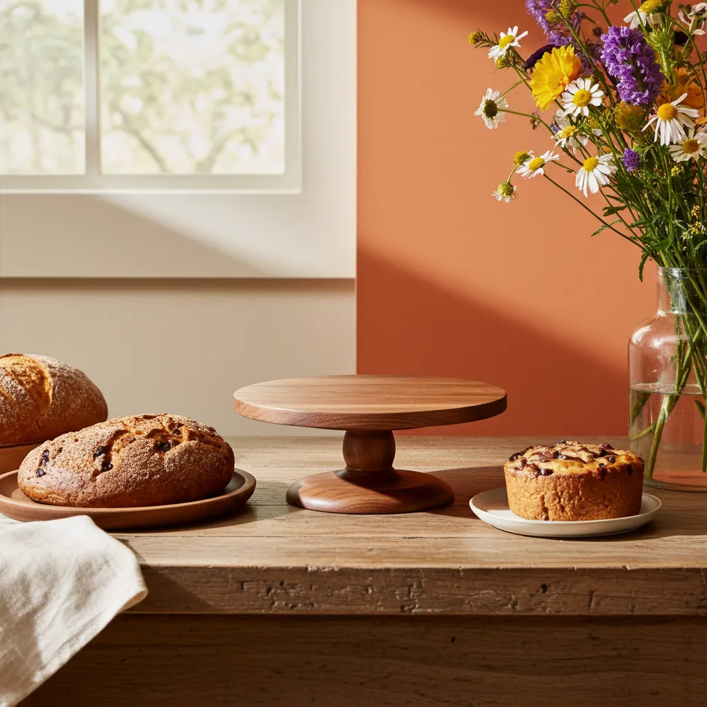 Natural finish mango wood cake stand with raised base design