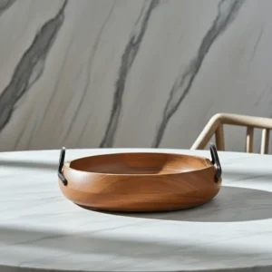 wooden serving bowl with powder coated metal handles for serving